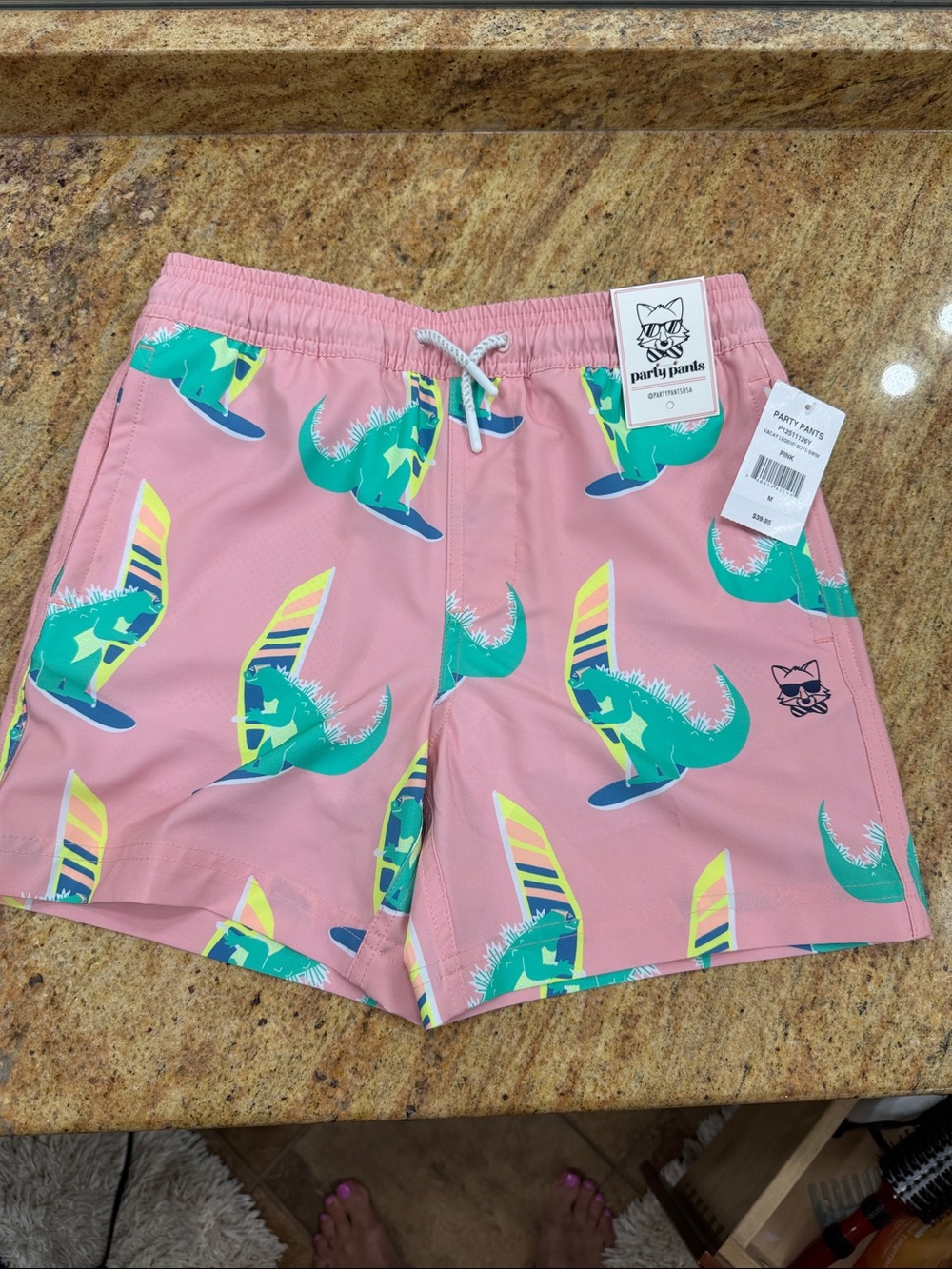 Party Pants Kids' Pink Dino Surf Swim Trunks